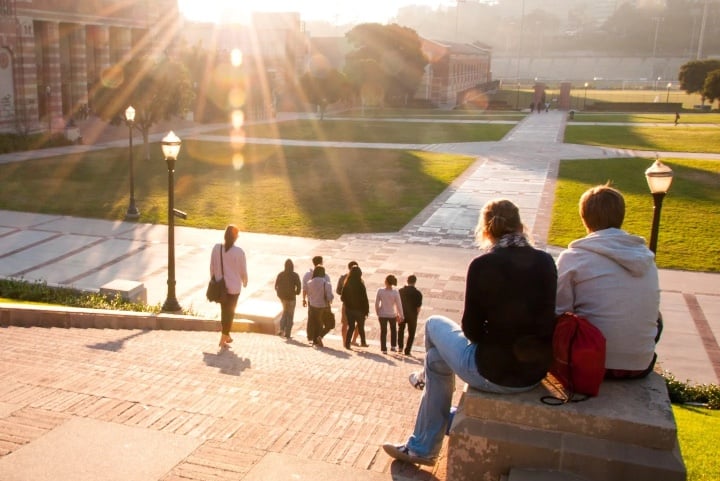 ucla students sitting on campus in the morning